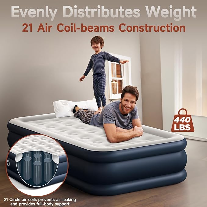 CHERIMOR Twin Air Mattress with Built in Pump, 18 Raised Thick Inflatable Bed, 440lb Comfort Support, Inflatable Blow Up Mattress with Carry Bag for Camping, Fast Self-Inflating Air Bed for Guest&Home