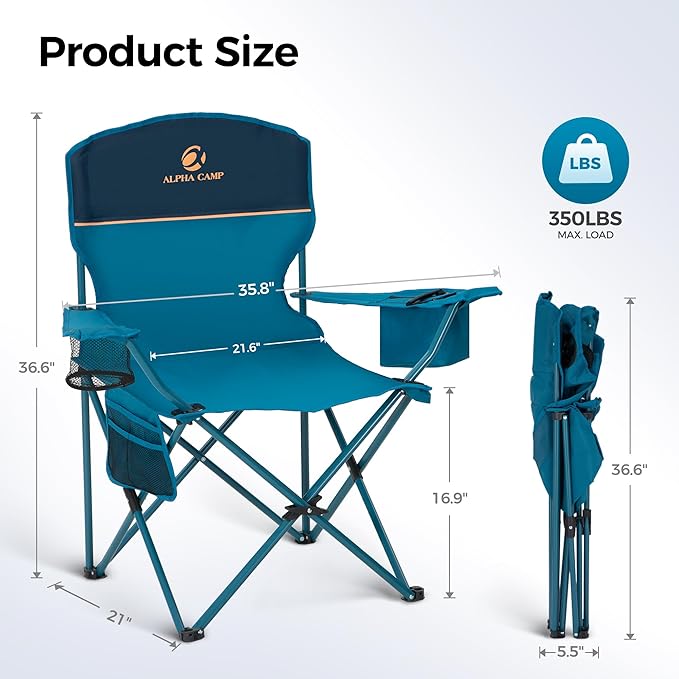 ALPHA CAMP Camping Chairs 350LBS Capacity, Heavy Duty Folding Chair with 4-Can Cooler Bag, Portable Outdoor Chair with Cup Holder for Adults, Collapsible for Tailgating, Beach, Fishing,Black,2PC