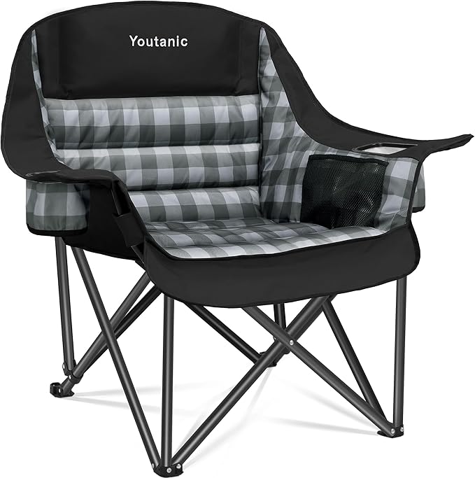 Youtanic Padded Camping Chairs for Adults, Heavy Duty 400 lbs Foldable Lawn Chair, Oversized Ergonomic Outdoor Seat with Classic Plaid Design, Cup Holders & Storage Pockets for Fishing, Sports, Black