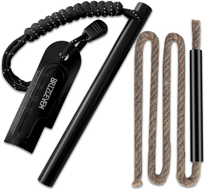 Waterproof Ferro Rod Fire Starter 6x1/2 in & 4x3/8 in, 15,000+ Strikes Flint Fire Steel with Paracord Multi-Tool Striker & Extra Waxed Tinder Cord for Camping, Hiking, Survival & Emergency
