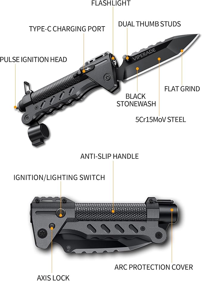 VIPERADE VAK6-S Survival Multitool with Folding Knife, LED Flashlight and Pulse Ignition, EDC Pocket Knife for men, Rechargeable Flashlight with Belt Sheath (Green)