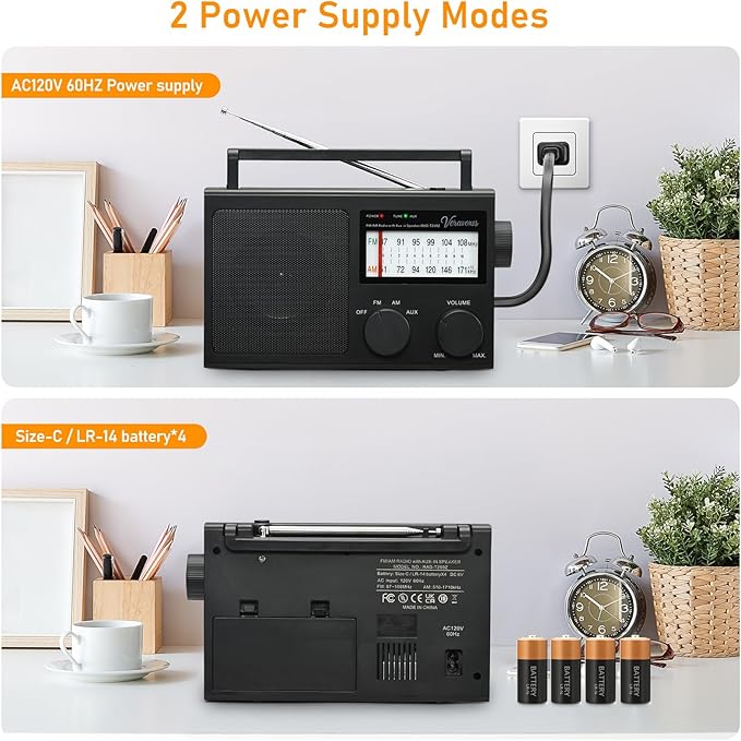Portable AM/FM Radio with Bass Control, Equipped with a Built-in high-Power Speaker, Headphone Jack, and AUX Audio Input, Supports Battery or AC Power Operation (Black)