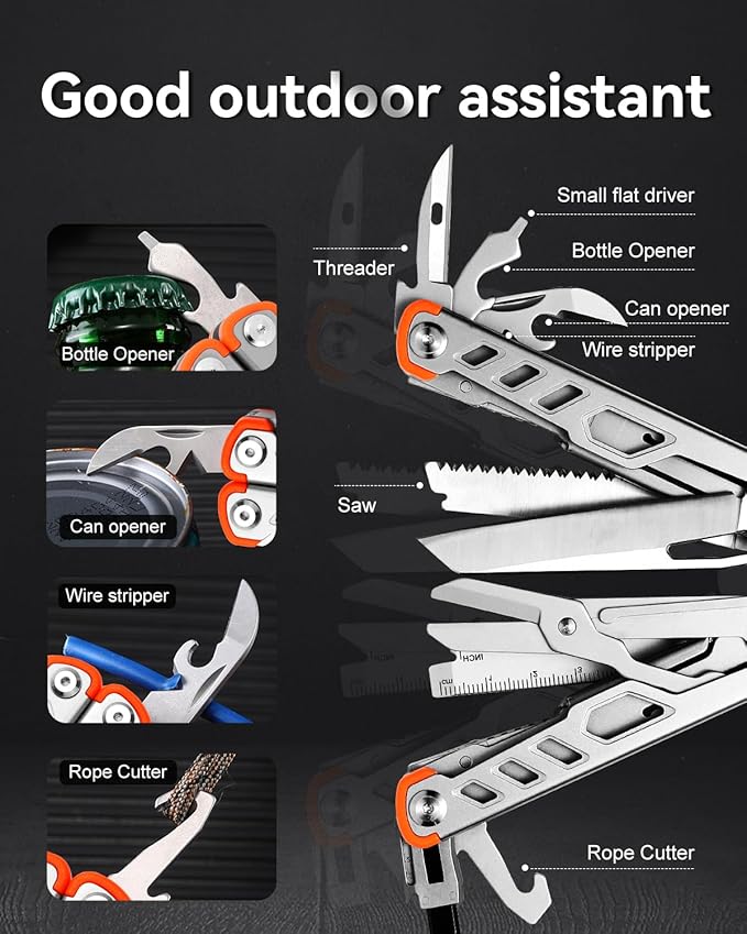 Multitool 15-in-1 Stainless Steel Multi Tool Pliers with Knife, Spring-Action Pliers and Scissors, Multitool for Survival, Camping, Hiking, Gifts for Men (Grey)