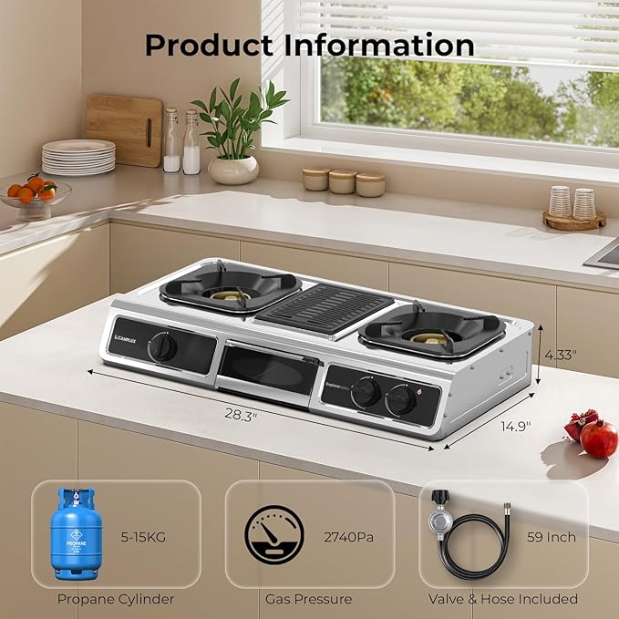 CAMPLUX 3 Burner with 1 Grill Plate Propane Gas Cooktop Stove, 26,000 BTU Stainless Steel Triple Burner Propane Cooktop for Outdoor Kitchen Cooking with CSA Regulator, Estufa de Gas Portatil