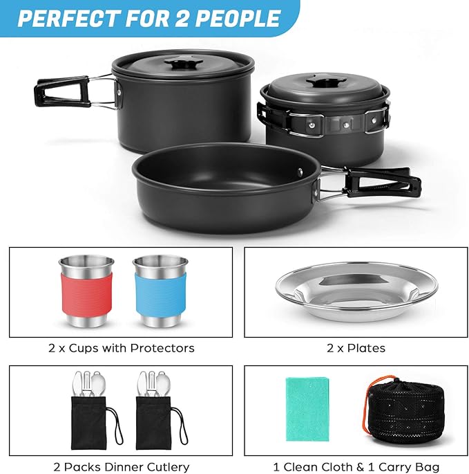 Odoland 15pcs Camping Cookware Mess Kit, Non-Stick Lightweight Pots Pan Set with Stainless Steel Cups Plates Forks Knives Spoons for Camping, Backpacking, Outdoor Cooking and Picnic