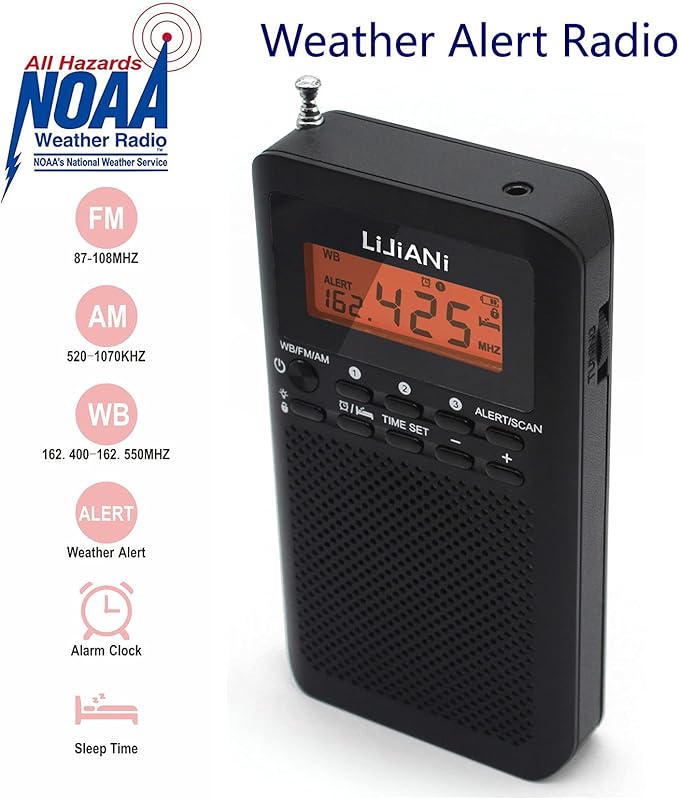 NOAA Weather AM FM Portable Radio Operated by 2 AA Batteries with Stereo Earphone,Digital Alarm Clock Sleep Timer,Best Reception,Built in Speaker Best Sound Quality,Luminous Button Design(Black)
