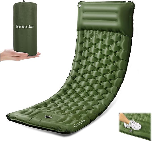 Toncoke Sleeping Pad, 4.7" Extra-Thick & Ultralight Inflatable Camping Mat with Pillow, Built-in Foot Pump, Compact for Backpacking, Camping, Hiking, Travel —Military Green