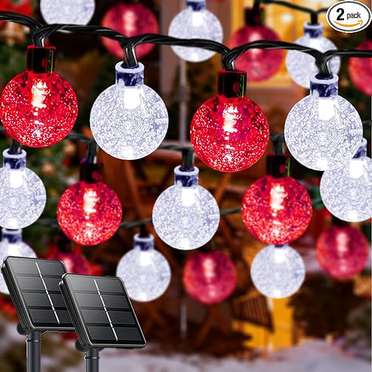 Red and White Solar String Lights Outdoor, Waterproof 2-Pack Total 100 LED 64FT Crystal Globe Solar Lights for Outside, Patio Decorations with 8 Lighting Modes for Xmas Tree Wedding Patio Party