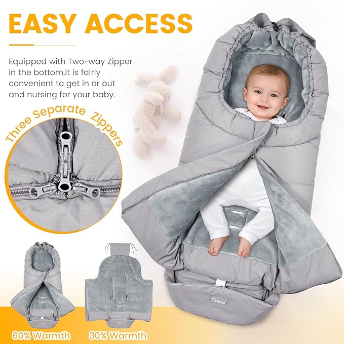 Orzbow Universal Stroller Footmuff, Winter Baby Bunting Bag for Stroller - Baby Sleeping Bag with Coral Fleece Lining for Cold Weather, Water-Repellent, Winter Must Have for Toddler Kids, Light Grey
