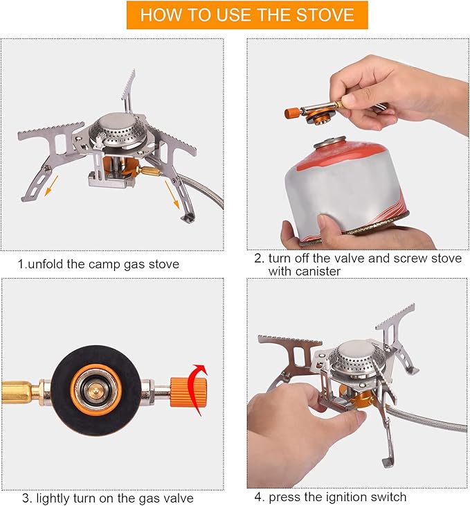Portable Camping Gas Stove with 1LB Propane Tank Adapter, Foldable Camp Stove Backpacking Stove with Piezo Ignition for Outdoor Hiking Cooking Burner
