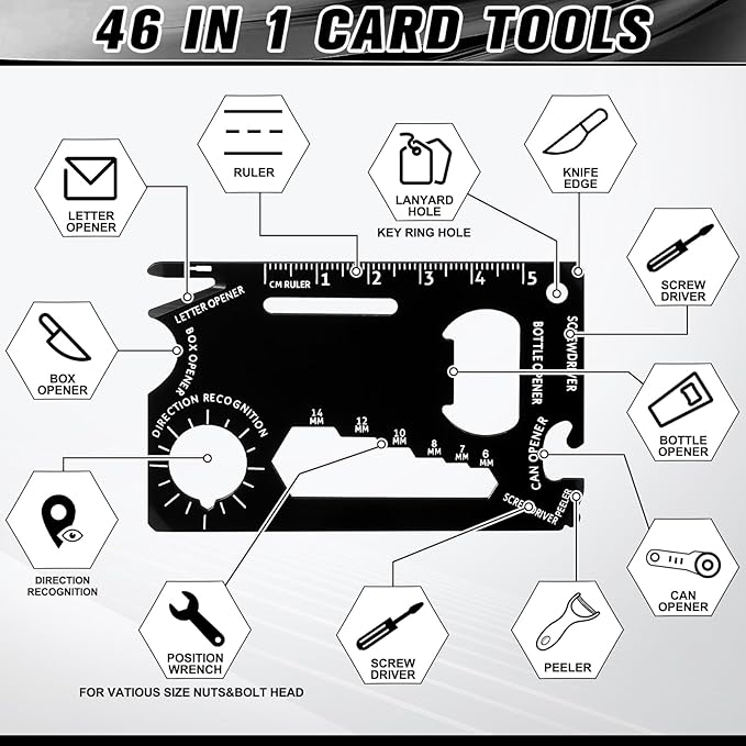 Cholemy 12 Pcs Credit Card Wallet Multitool 46 in 1 Metal Stainless Steel Survival Pocket Tool Multipurpose Bottle Opener Bulk for Men Christmas Stocking Stuffer Gift(Black,Basic Style)