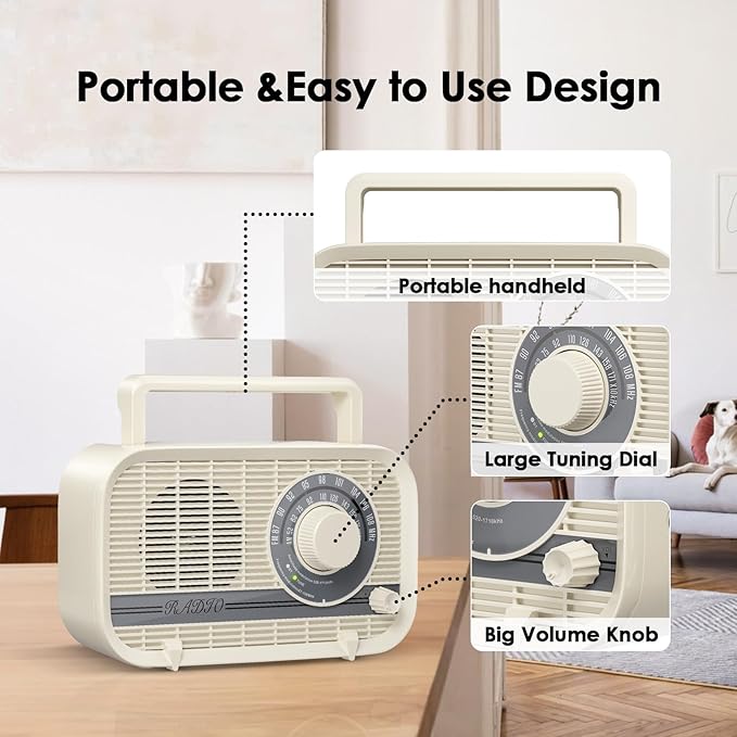 Portable AM FM Radio Plug in Wall or Battery Operated Radio with Best Reception, Bluetooth,Headphone Jack,Large Dial Easy to Use for Seniors Elderly Cream