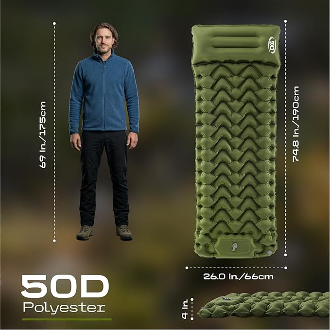 CKG Camping Sleeping Pad with Thermal Barrier, Ultralight Camping Mat 4in Thick with Pillow, Built-in Foot Pump Inflatable Sleeping Pad for Hiking Tent Road Trip Car Camp Travel Gear, Green