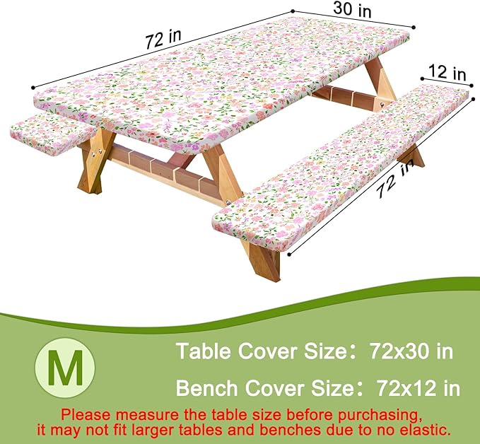 Picnic Table Cover with Bench Covers Portable Table Cloth Built-in Storage Pocket Fitted Tablecloth with Elastic Edges Waterproof Camping Essentials for Indoor Outdoor Rv,72in,Pink
