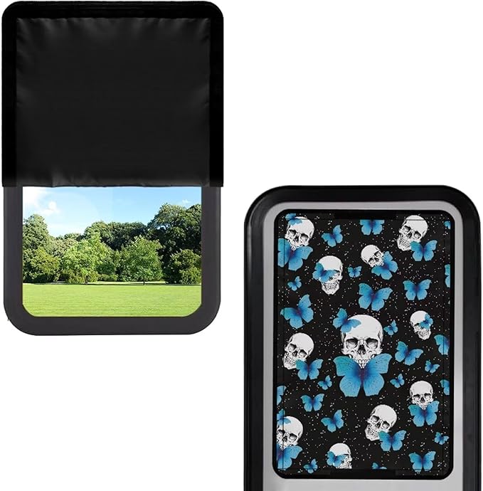 RV Door Window Shade Foldable Camper Trailer Blackout Window Door Protector, Blue Butterfly Skull UV Rays Protection Travel Trailer Accessories,Waterproof 300D Fabric