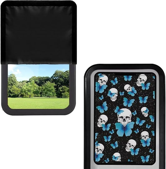RV Door Window Shade Foldable Camper Trailer Blackout Window Door Protector, Blue Butterfly Skull UV Rays Protection Travel Trailer Accessories,Waterproof 300D Fabric