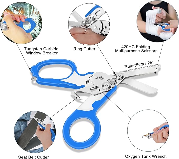 6 In1 Multifunction Emergency Response Shears, Stainless Steel Foldable Trauma Shears with Strap Cutter and Glass Breaker,Medical Scissors with Holster and Penlight Blue