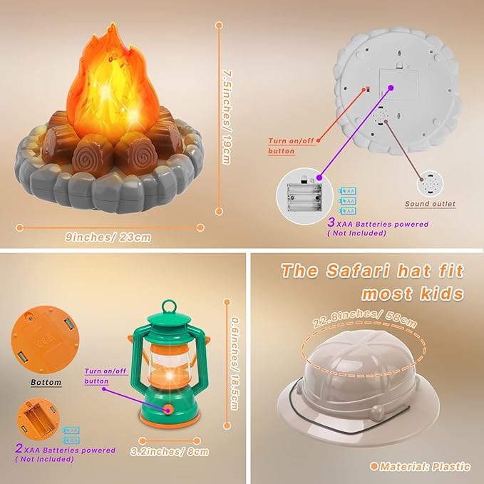 MITCIEN Camping Toys for Kids, Pretend Campfire, Lantern, Safari Hat, Binoculars, Bottle, Toy Food, S'Mores, Toddler Camping Play Set Indoor Outdoor Toys for Kids 3-5 and Up, Boys Girls Gift