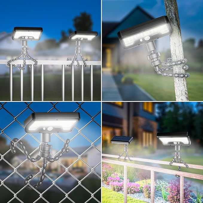 Tryme 92 LED Solar Lights Outdoor with Motion Sensor, Octopus Stand, Adjustable Angle, USB & Solar Powered, Optical Diffuser Lens, 3 Modes, IP65 Waterproof Fence Lights for Garden, Gate (1 Pack)
