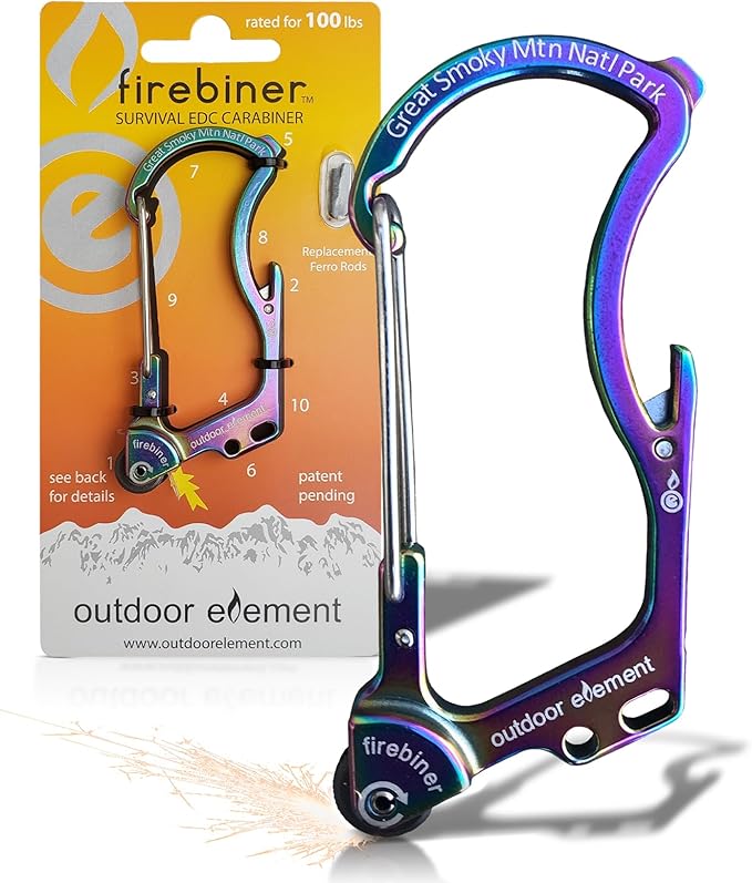 OUTDOOR ELEMENT Firebiner Custom Engraved 6-in-1 Fire Starter Carabiner Multitool – Survival Gear EDC Keychain with Utility Blade, Bottle Opener, Screwdriver, Emergency Tool