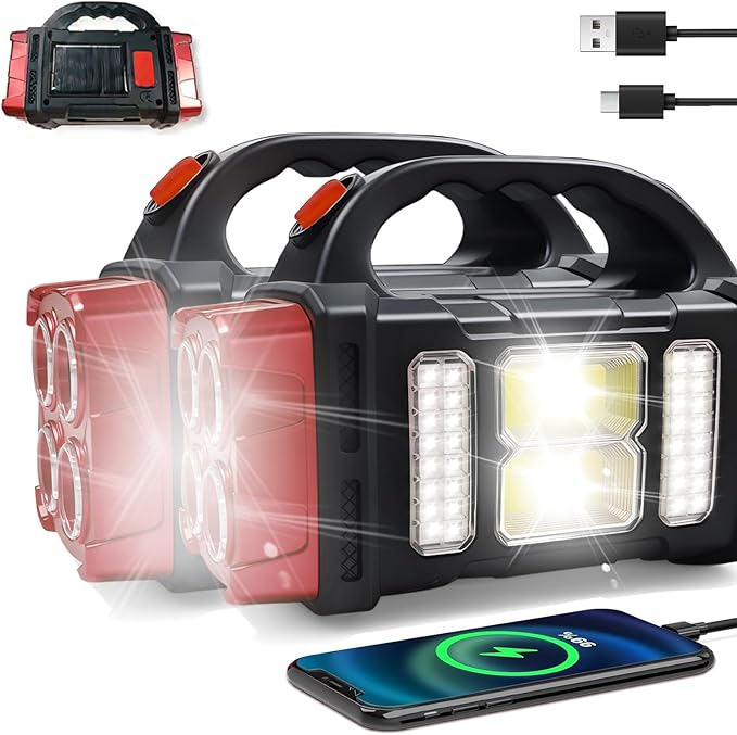 Versatile Solar Flashlight with Dual Charging Modes | 4 Light Modes USB/Solar Powered| Portable Emergency Charger & Outdoor Camping Light (Red-2pcs)