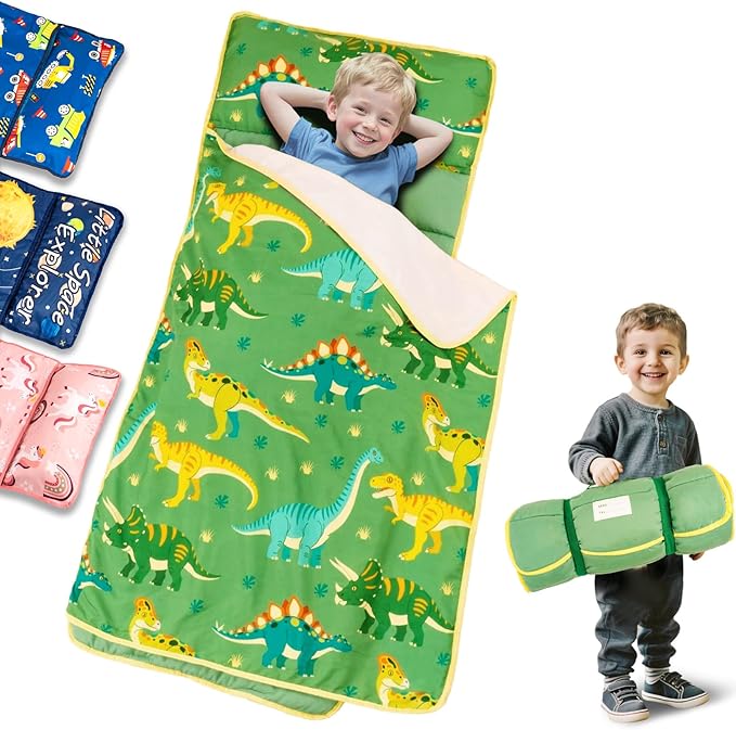 Primlect Lightweight Toddler Nap Mat, Portable Rolled Design Perfect for Daycare Travel, 51”x31 All-in-One Sleeping Bag with Removable Pillow and Fleece Blanket for Boys Girls, Machine Washable