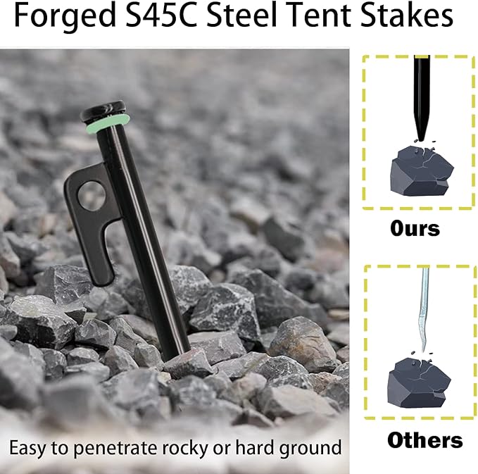 Tent Stakes, 12Pcs 10in Heavy Duty Forged Steel Tent Stakes +Storage Pouch, Used on Rocks, Snowfield, Dessert, Stormy Weather (12Pcs 10in Stakes)