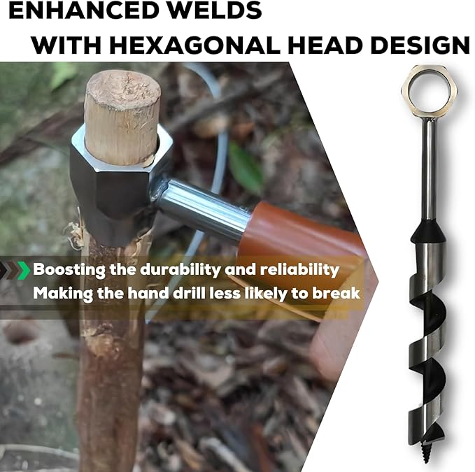 Hand Auger Wood Drill, Upgrade Welds Bushcraft Auger w/ Sharp Scottish Eye, Survival Tools for Bushcraft Projects/ Camping/Outdoors, 1*10inch Settlers Wrench & Folding Saw Kit, Bushcraft Gear