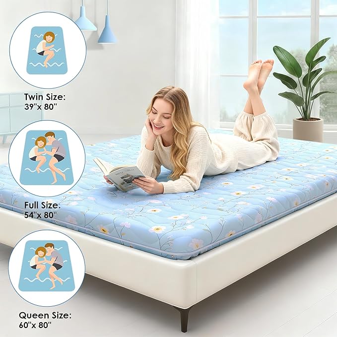 SCHNAUZER HOME Japanese Floor Mattress, 3.5" Thicken Floral Pattern Portable Futon Mattress, 100% High-Density Foam Tatami Mat Sleeping Pad for Camping Guest Room Dormitory RV, Light Blue, Twin