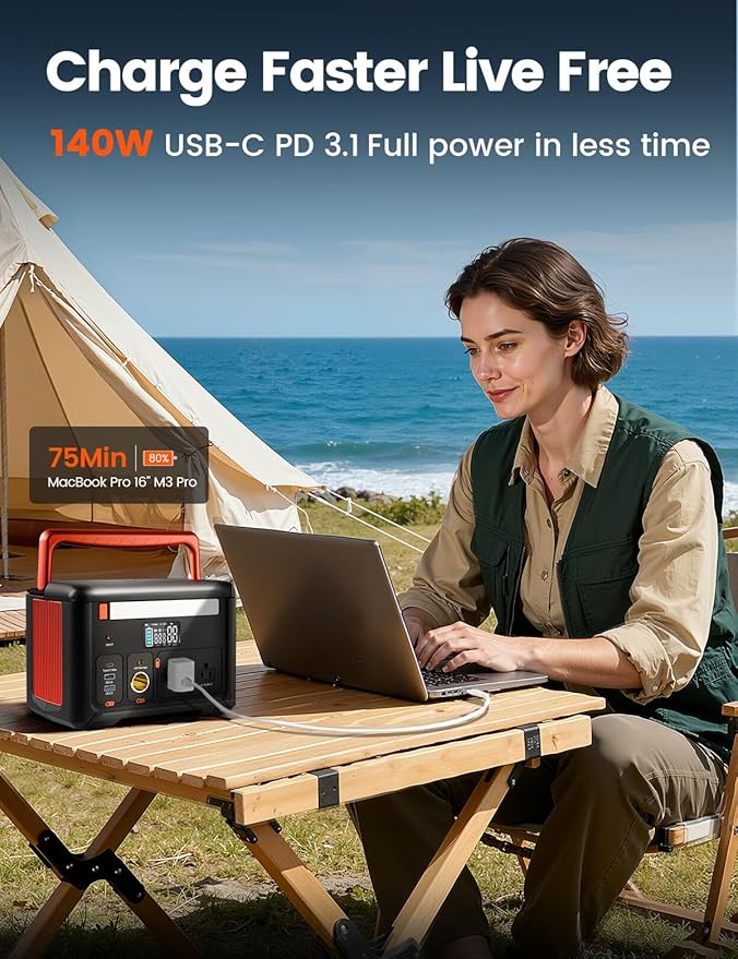 Portable Power Station 600W (1200W Surge), 299Wh Small Lightweight Portable Power for Camping & Spring Outdoor Use, Battery Backup Safe for Indoor Blackouts, 2 AC Outlet, 140W USB-C Fast Charging
