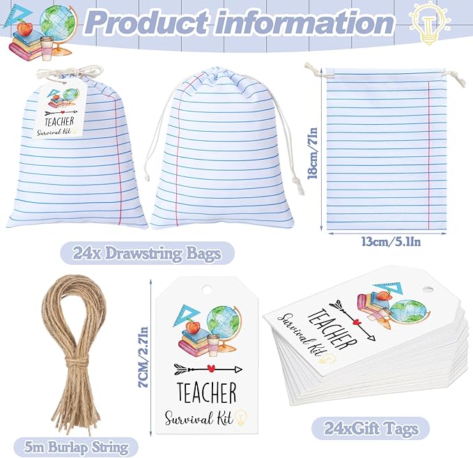 Sweetude 24 Set Teacher Supplies Survival Kit Bulk Gifts Bags Kit Social Work Month Back to School Notebook Teacher Appreciation Drawstring Bags with Tags Thank You Survival Canvas Makeup Pouch