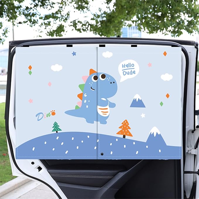 Car Sun Shade for Baby - EOHMAK Car Side Window Sun Shade Cover Upgrade Double Opening Car Interior Curtain Sun Blocker Blind (Blue Dinosaur, 1 Pack)