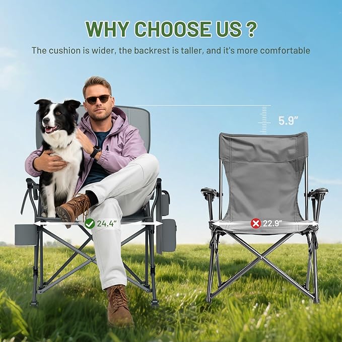 TIMBER RIDGE Oversized Folding Camping Chair with Lumbar Support Adjustable High Back Heavy Duty for Adults Support up to 500lbs with Cup Holder, Cooler Bag, Side Pocket, Grey 2 Pack