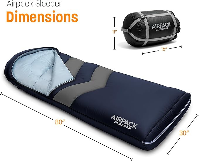 Sleeping Bag with Built-in Pad (AirPack Sleeper) - All-in-One Inflatable Sleeping Pad and Pillow for Camping with Built-in Foot Pump (Blue/Gray) 210x80cm