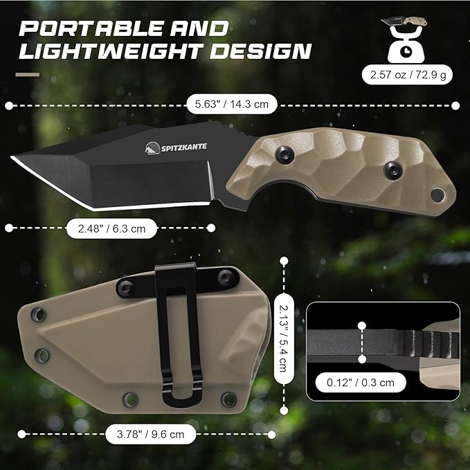 Neck Knife with Sheath and Necklace X-TAN-K, Horizontal Carry Knife with Full Tang Tanto 5Cr14MoV Steel Blade, Khaki ABS Handle, EDC, Outdoor, Camping & Hiking