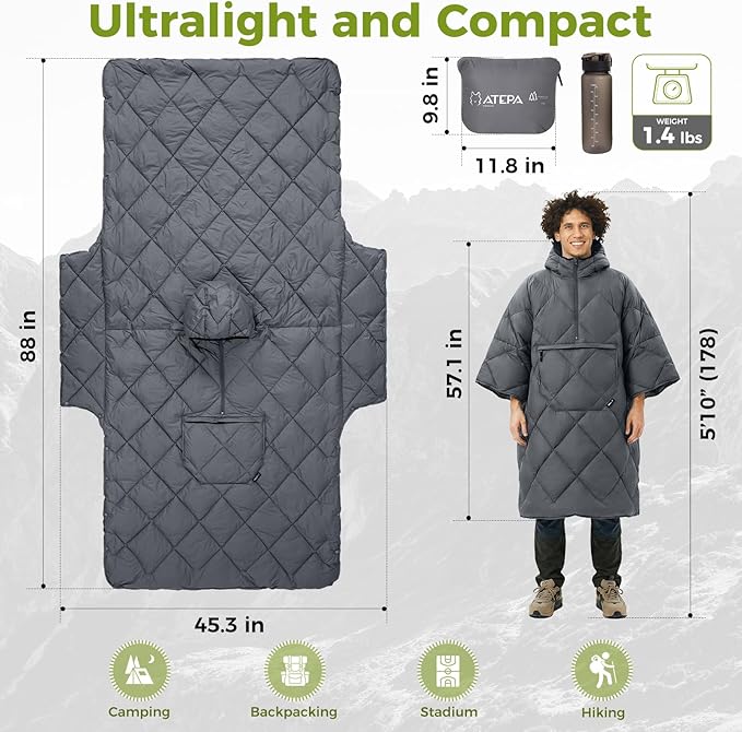ATEPA Wearable Sleeping Bag, Recycled Water-Resistant Camping Blanket Poncho, Ultralight Packable Stadium Blanket for Outdoor
