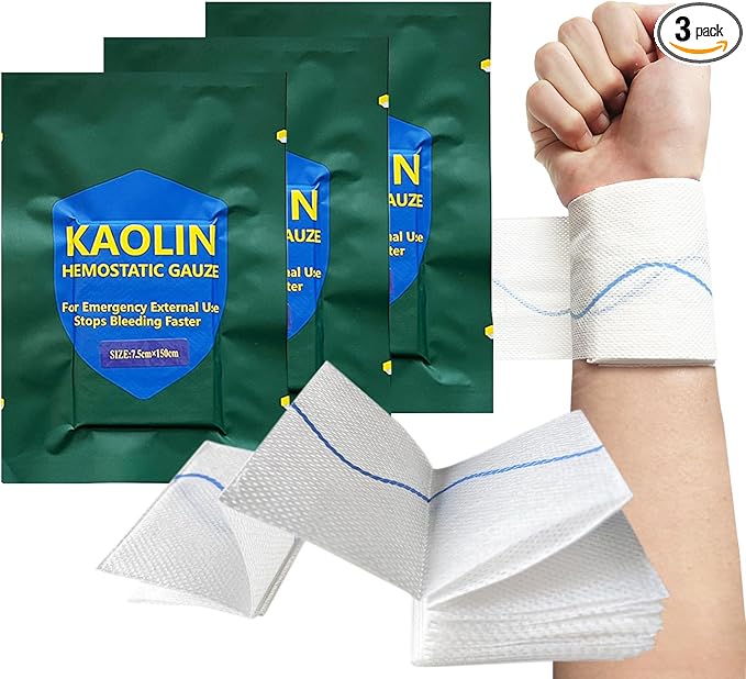 Hemostatic Gauze for Quick Clot Trauma Kit – 3" x 5' Kaolin Infused Quick Clot Gauze & Bleed Stop Dressing, Sterile Z-Fold Wound Packing for Emergency First Aid, Tactical IFAK & Survival Gear (3)