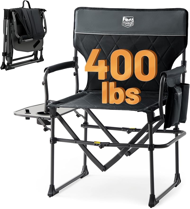TIMBER RIDGE Heavy Duty Camping Chair with Compact Size, Portable Directors Chair with Side Table and Pocket for Camping, Lawn, Sports and Fishing, Supports Up to 400lbs, Black