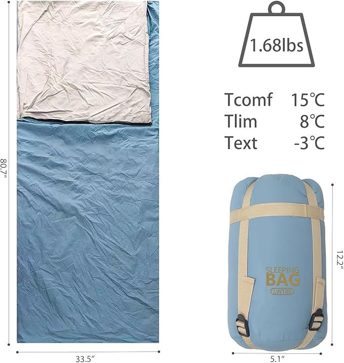 Compact Ultra Lightweight Sleeping Bag Envelope Backpacking Bag with Compression Sack for Adults Warm Weather Camping, Traveling, Hiking