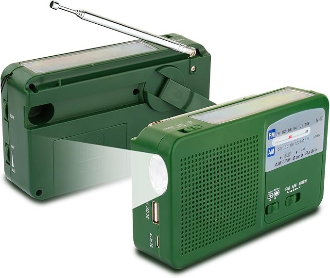 Emergency Radio with Solar and Hand Crank Self Powered, Battery USB Recharging FM/AM Radio LED Flashlight Cell Phone Charger(Green)