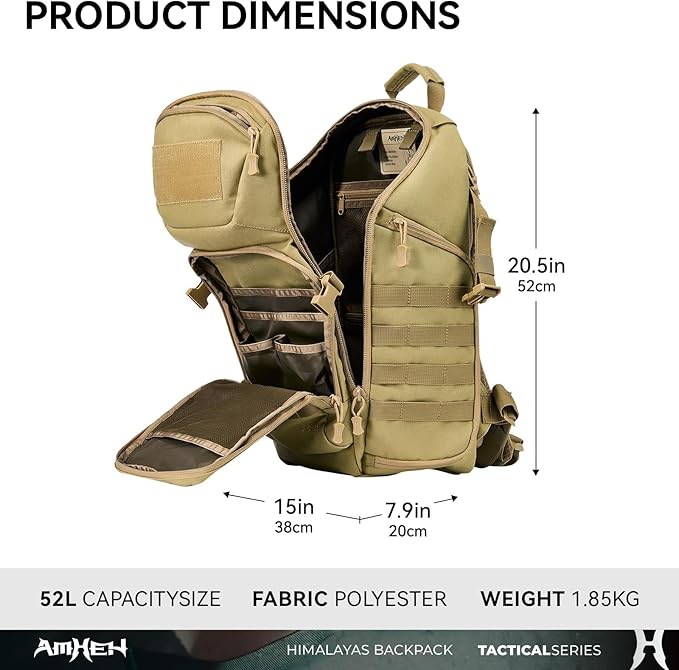 AMHEH 52L Tactical Backpack - 1050D 72 Hour Bug Out, 17" Laptop Compartment, Helmet Pocket and MOLLE for Survival Emergency (Tan)