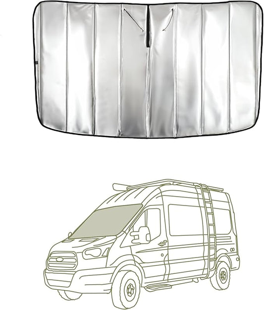 VanEssential Insulated Reflective Blackout Window Cover Designed for Ford Transit High/Medium Roof Front Windshield - Black Reflective