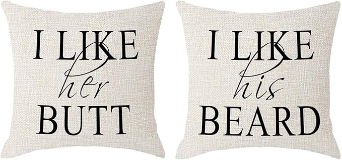 ITFRO Set of 2 Wife Husband Wedding Gift I Like Her Butt His Beard Beige Burlap Throw Pillow Case Cushion Cover Sofa Bedroom Decorative Square 18x18 Inches (I Like)