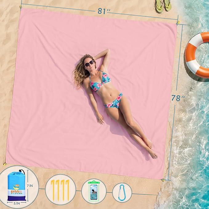 BYDOLL Beach Blanket Waterproof Sandproof Large Sand Free, 78''X81'' Oversized Sandless Lightweight Blanket Picnic Mat for Beach Travel Camping Hiking with Stakes