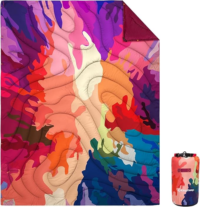 KingCamp Ultralight Camping Blanket, Packable Down Alternative Puffy Printed Wearable Blanket with Snap Buttons & Corner Loops Weatherproof Quilt for Outdoor Travel Stadium (79" L x 57" W, Colorful)