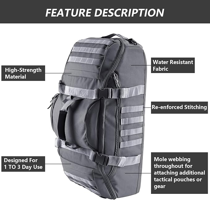 Hannibal Tactical 65L Large Duffle Bag, 3-in-1 Tactical Backpack MOLLE Pack for Sports, Gym, Outdoor, Grey