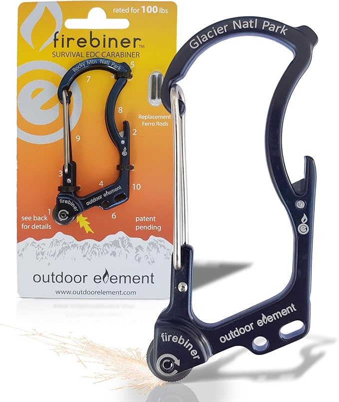 OUTDOOR ELEMENT Firebiner Custom Engraved 6-in-1 Fire Starter Carabiner Multitool – Survival Gear EDC Keychain with Utility Blade, Bottle Opener, Screwdriver, Emergency Tool