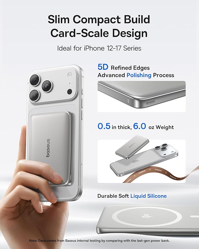 Baseus Picogo Power Bank, 0.5" Ultra Slim 10000mAh MagSafe Portable Charger, 27W Fast Charging Magnetic Battery Pack, Upgraded Polished Alloy Wireless Charger for iPhone 17 Pro Max/Air/16/15/14/13/12