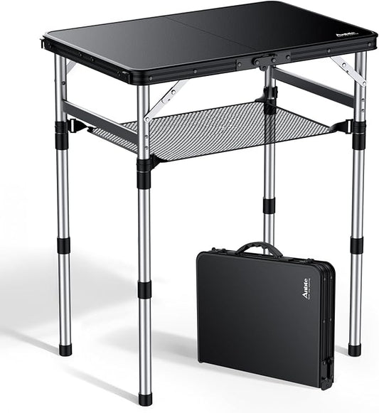 Anbte 2ft Small Plastic Folding Camping Table, Waterproof 3 Adjustable Height Portable Camping Table with Storage Net, Flat Tabletop, for Picnic Indoor Outdoor Travel Beach Patio, 22.8" X 15.7", Black
