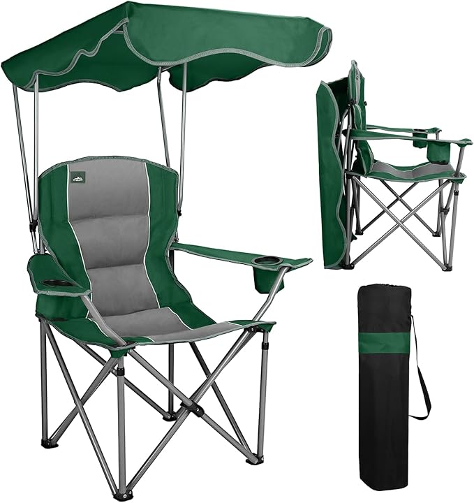Northroad Folding Camping Chairs with Canopy Shade, Beach Chair w/Cup Holders, Armrests & Carry Bag for Outdoors Travel Sports Fishing, Green